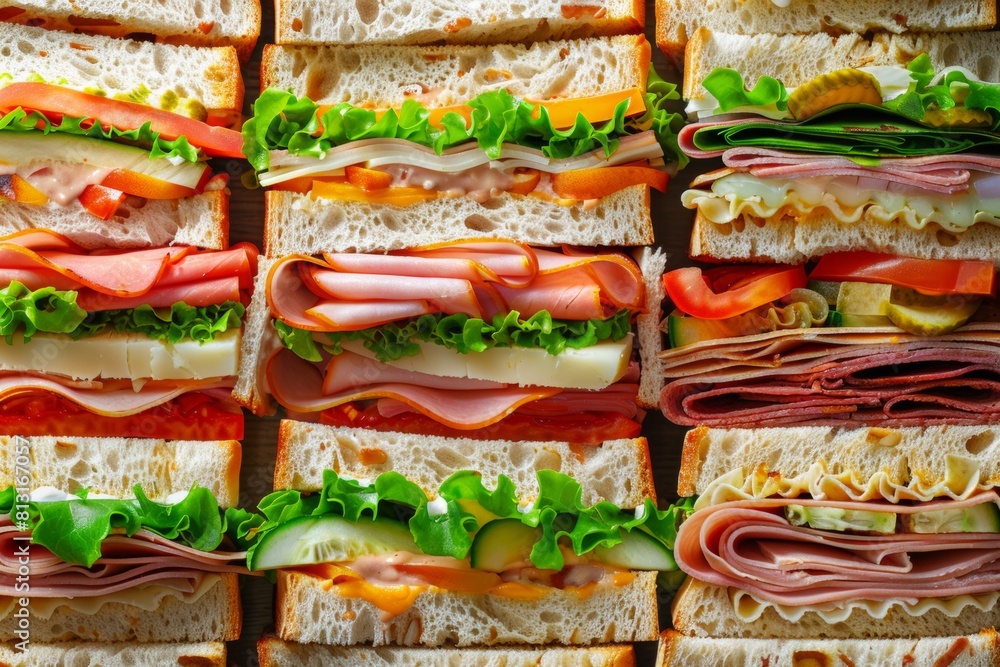 Poster a colorful assortment of mouthwatering sandwiches lined up in a tantalizing display, showcasing vari