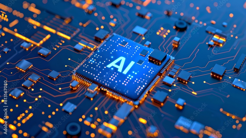Poster close-up of a blue ai chip on a circuit board. modern technology concept. electronic microchip with 