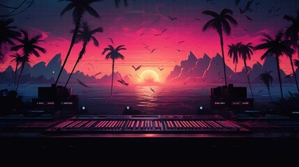 The image presents a vivid and stylized tropical sunset scene with a strong retro-futuristic, or 'synthwave', aesthetic. In the foreground, there is a collection of audio equipment, including synthesi