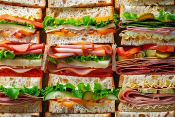 A colorful assortment of mouthwatering sandwiches lined up in a tantalizing display, showcasing various fillings and textures. Generative AI