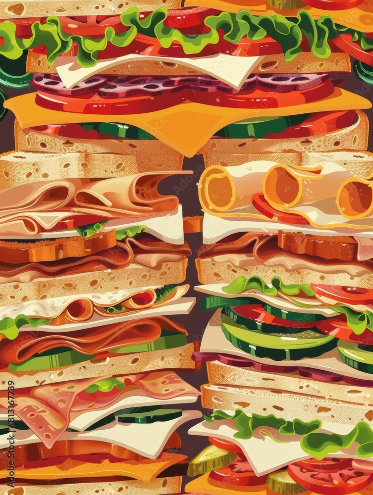 Aufkleber a towering stack of assorted sandwiches awaits on a warm brown backdrop, showcasing a mouthwatering 