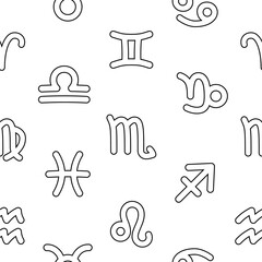 Astrological signs of the zodiac. Seamless pattern. Coloring Page. Vector drawing. Design ornaments.