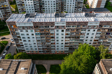 Blockmultystorej building in soviet style. Aerial view.