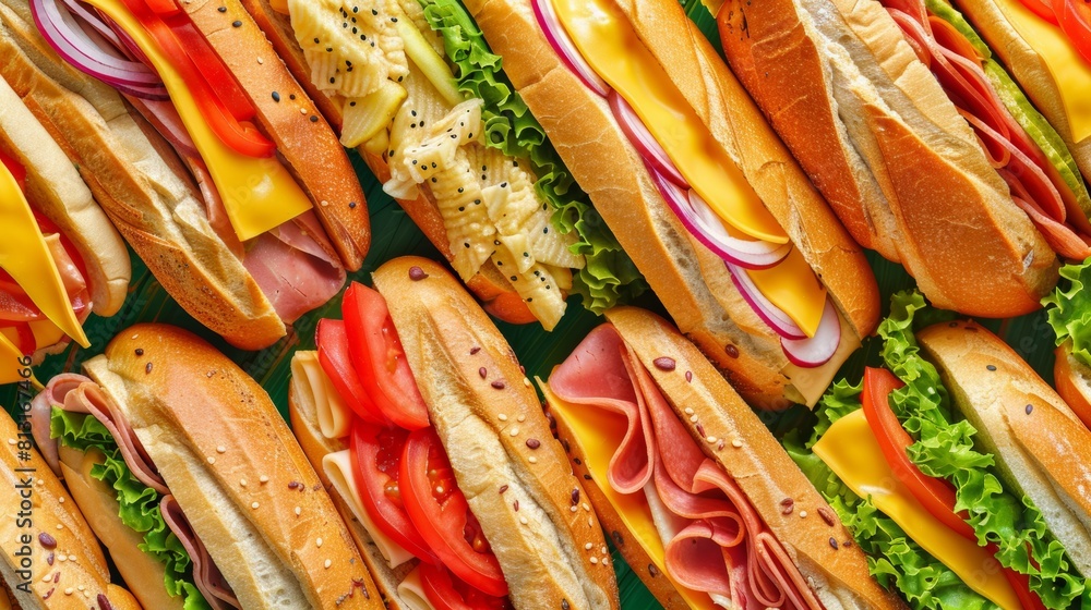 Poster a colorful assortment of various sandwiches creatively arranged on a vibrant green background. gener