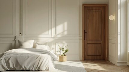 Step Into A Simple Modern-Style Bedroom, Adorned With Beautiful Wall Decorations And A Wooden Door, Offering A Serene And Inviting Space For Rest