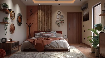 Step Into A Simple Modern-Style Bedroom, Adorned With Beautiful Wall Decorations And A Wooden Door, Offering A Serene And Inviting Space For Rest