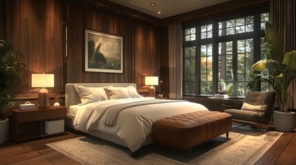 Inviting guest room for distant visitors, featuring a neatly made large bed.