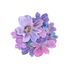 Fototapeta premium Watercolor flowers floral lilac bouquet round. Hand drawn illustration. Botanical painted floral elements isolated background. Spring flower drawing. For interior print decoration, invitation