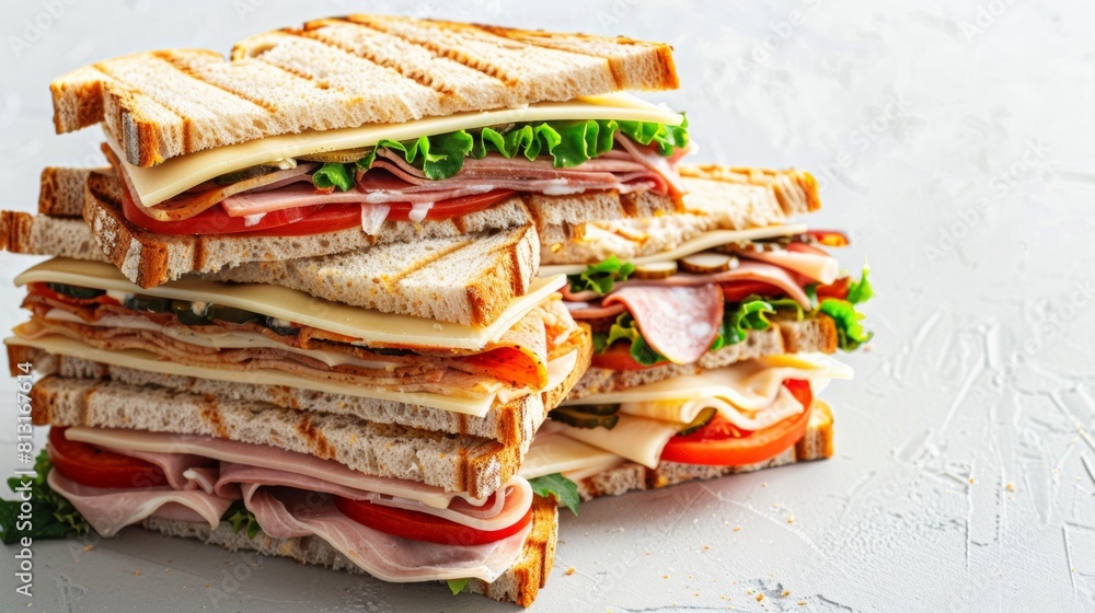 Poster a tall stack of scrumptious sandwiches on a clean white background. each sandwich is filled with a v
