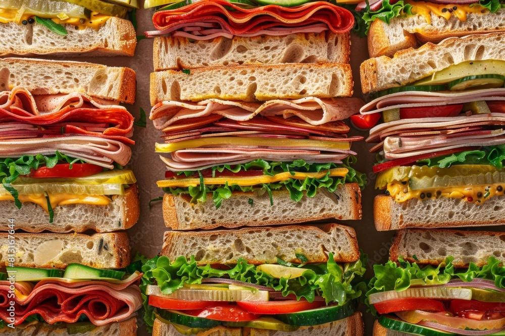Aufkleber A variety of sandwiches with different fillings stacked on top of each other, creating a visually appealing tower of flavors. Generative AI