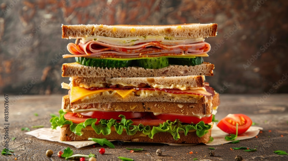 Poster A towering stack of delicious sandwiches stands on a rustic wooden table, showcasing an array of fillings and tempting flavors. Generative AI