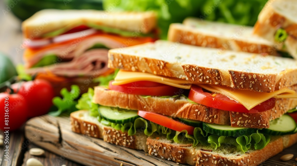 Aufkleber A tempting display of assorted sandwiches stacked high on a rustic wooden table, showcasing a mouthwatering array of fillings and textures. Generative AI