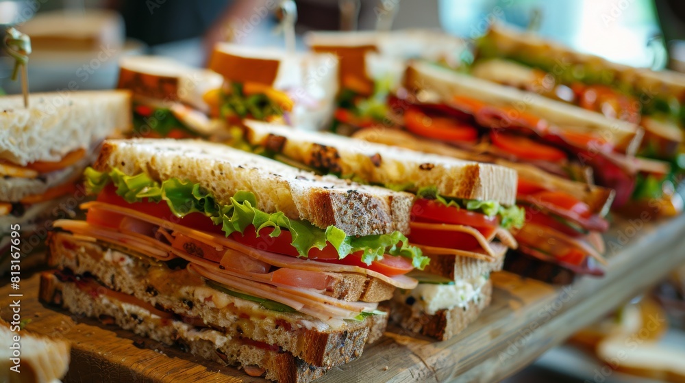 Poster A wooden board showcasing a colorful array of sandwiches, each with a unique filling, ready to be savored by hungry customers. Generative AI