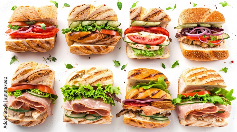 Poster A diverse selection of gourmet sandwiches displayed on a pristine white background, showcasing a delectable array of fillings and flavors. Generative AI