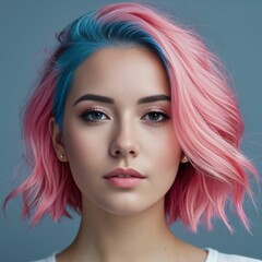 Fototapeta premium Portrait of a young girl with a fashionable hairstyle with pink hair on a blue background