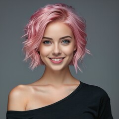 Naklejka premium Portrait of a young woman with pink hair and blue eyes on a gray background, fashion concept
