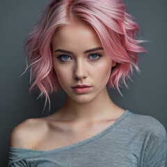 Naklejka premium Portrait of a young woman with pink hair and blue eyes on a gray background, fashion concept