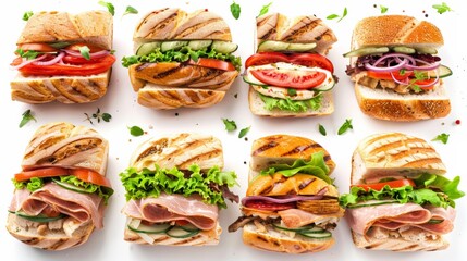 A diverse selection of gourmet sandwiches displayed on a pristine white background, showcasing a delectable array of fillings and flavors. Generative AI
