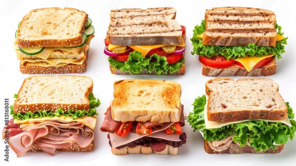 Aufkleber A multitude of diverse sandwiches beautifully arranged on a pristine white backdrop, showcasing an array of delightful fillings and textures. Generative AI