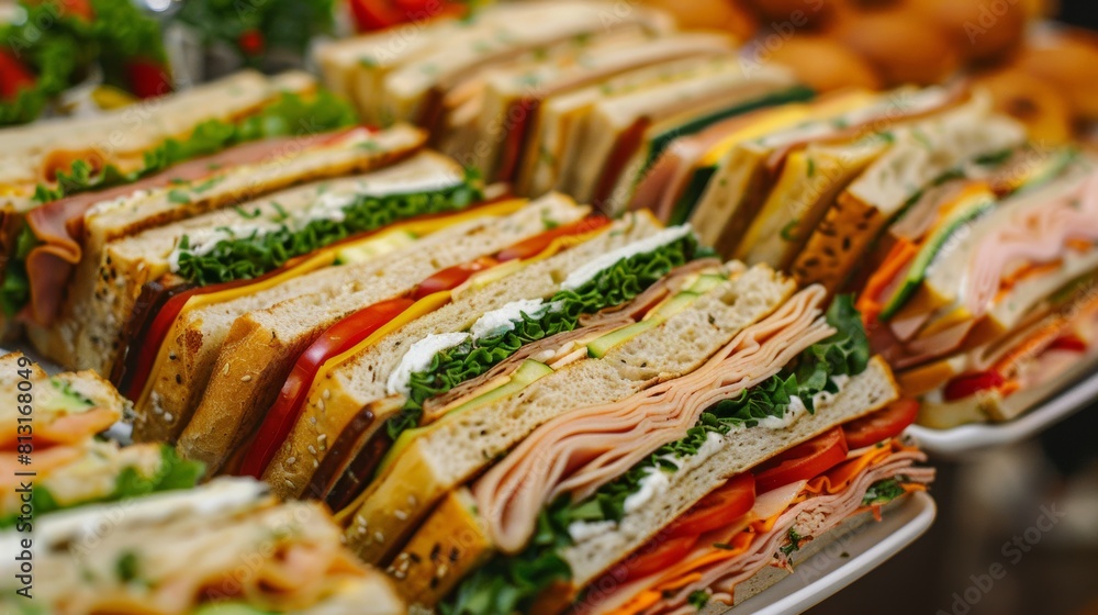 Poster a tray filled with an assortment of delicious sandwiches sitting on a table. generative ai