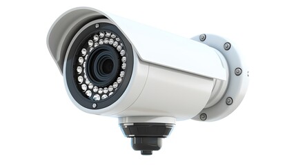 Modern security surveillance camera isolated on white background. High-resolution digital safety equipment. Ideal for monitoring and protection concepts. AI