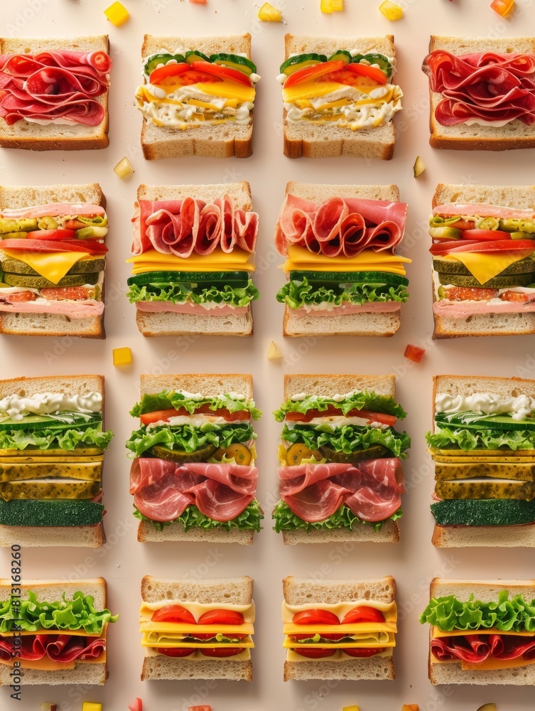 Poster a variety of sandwiches, each filled with different ingredients, are arranged in a hypnotic and visu