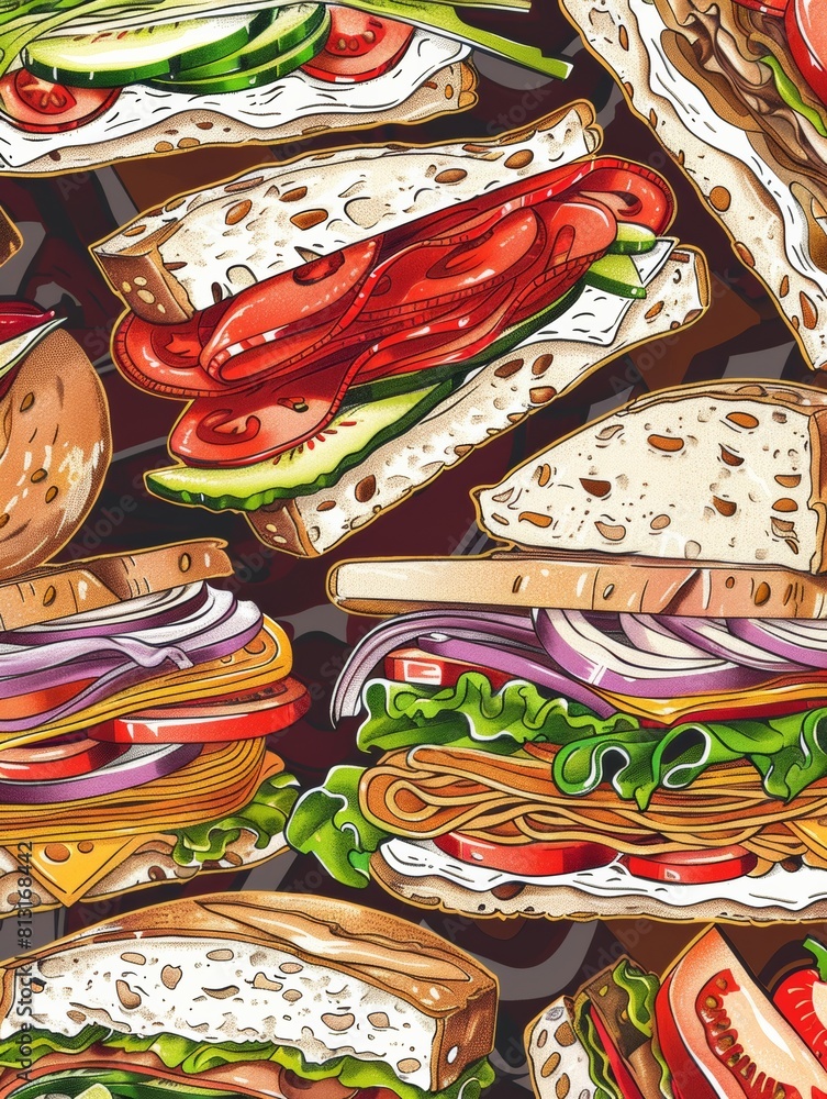 Poster a vibrant assortment of sandwiches set against a dark, mysterious background, creating a seamless an