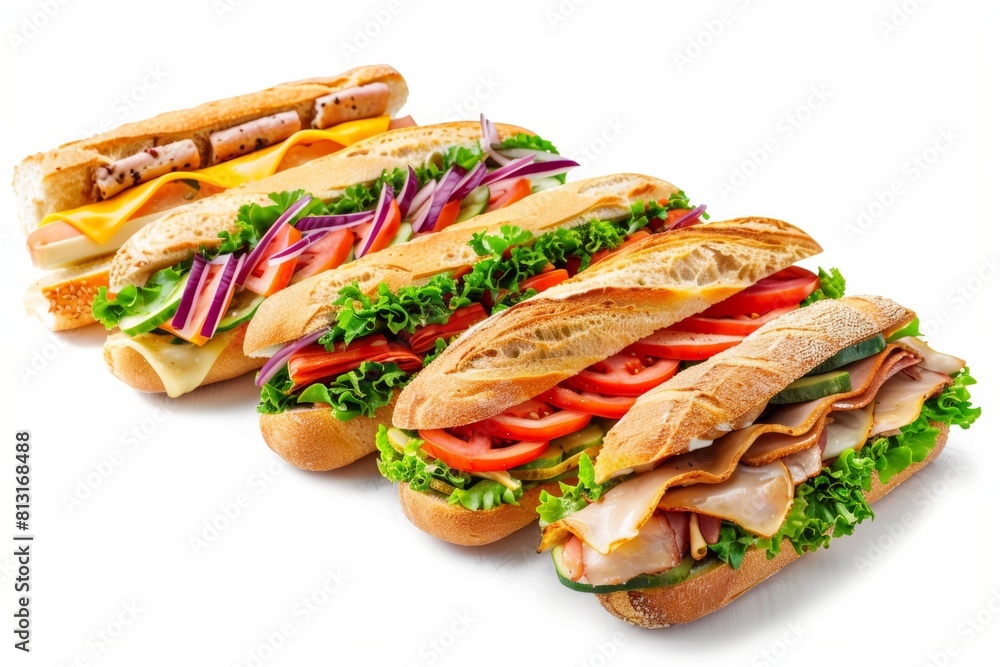 Aufkleber A diverse array of delicious sandwiches lined up in a neat row against a white backdrop. Generative AI
