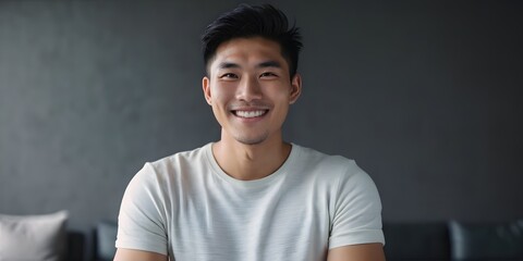 Portrait of young handsome Asian man smiling and looking camera with confidence