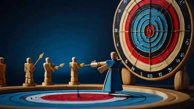 target and goal concept, Wooden figures standing around dartboard and arrow for creative and set up business objective target goal, marketing solution