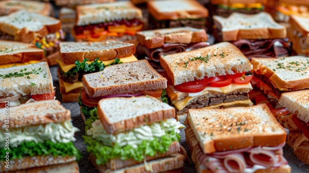 Poster a variety of delicious sandwiches with different fillings arranged on a table ready to be enjoyed. g