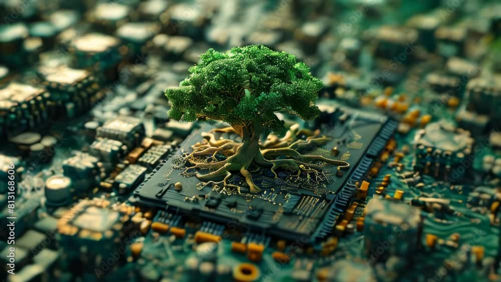 Poster green tree on microcircuit board. biotechnology and science concept background