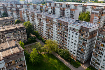 Blockmultystorej building in soviet style. Aerial view.