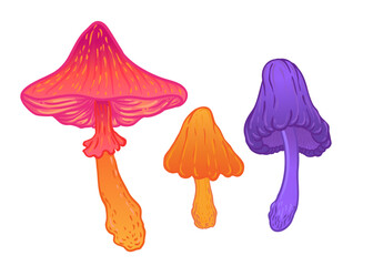Magic mushrooms set. Psychedelic hallucination. Vibrant vector illustration collection isolated on white. 60s hippie colorful art in vivid acid colors. Sticker, patch, poster graphic design.