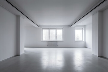 Fototapeta premium An empty room with white walls and windows, showcasing a serene and minimalistic space