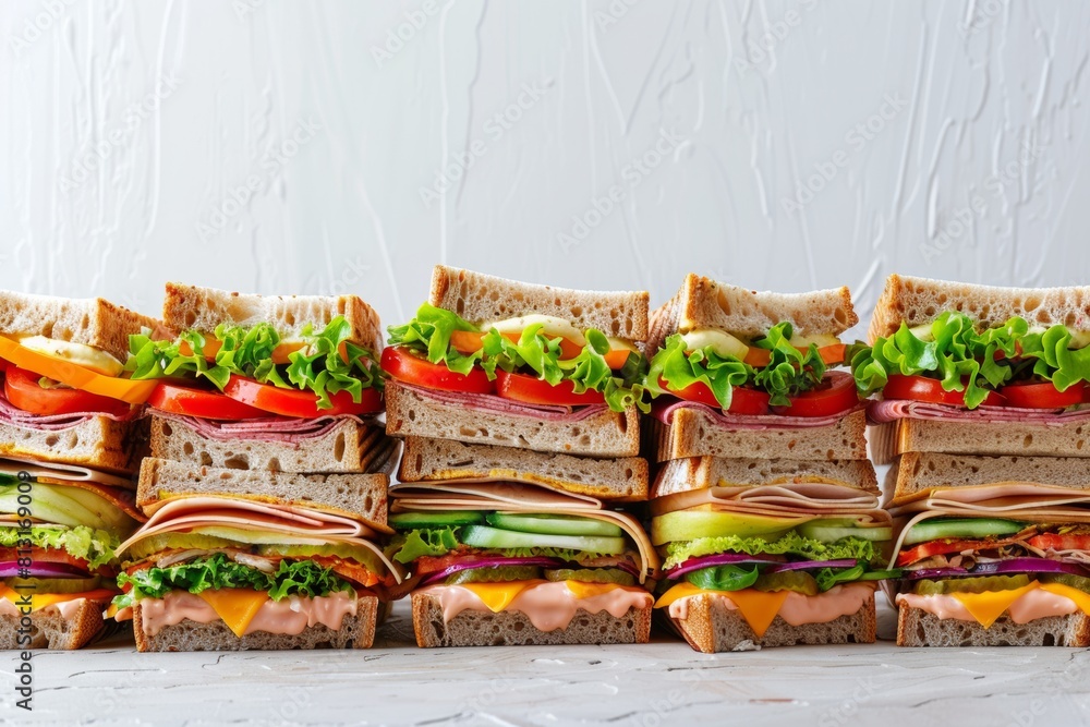 Poster a whimsical tower of sandwiches with various fillings stacked on top of each other, showcasing the t