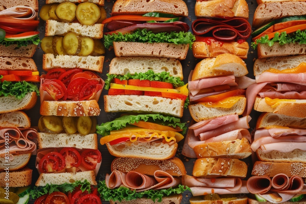 Aufkleber An array of delectable sandwiches with assorted fillings lined up in a visually appealing row, showcasing a variety of flavors and textures. Generative AI