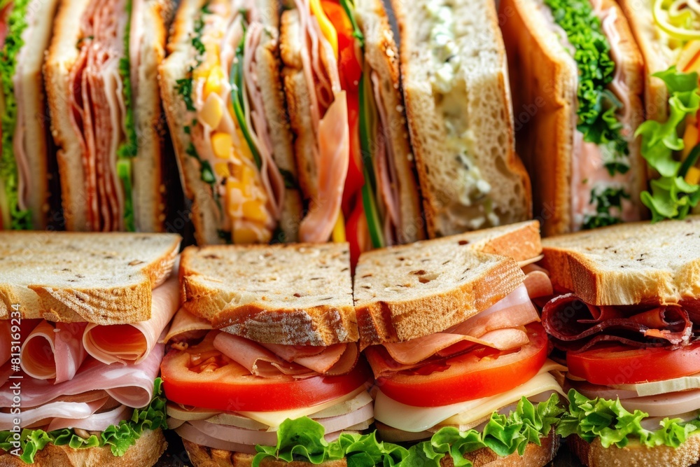 Poster A row of creatively designed and delicious sandwiches, each with a unique filling, is displayed in perfect alignment. Generative AI