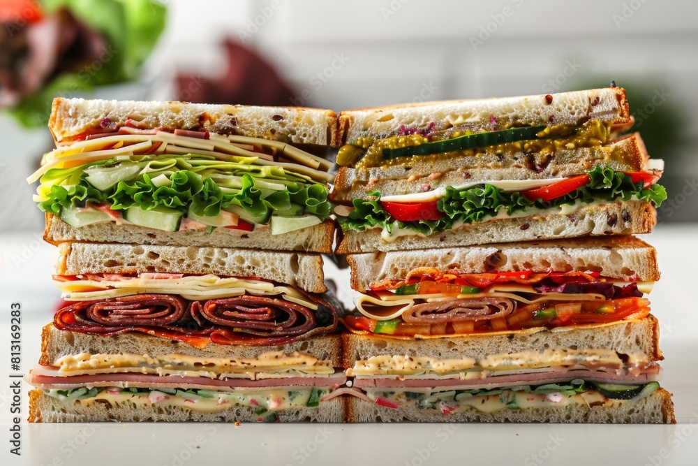 Poster a tall tower of delectable sandwiches piled on top of each other, featuring a variety of delicious f