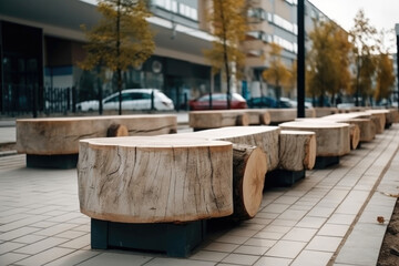Several sturdy benches made from tree trunks aligned in a row, providing seating in a rustic...