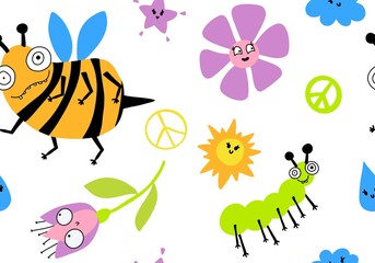 Cartoon summer print seamless bee and flower and sun and clouds and peace sign