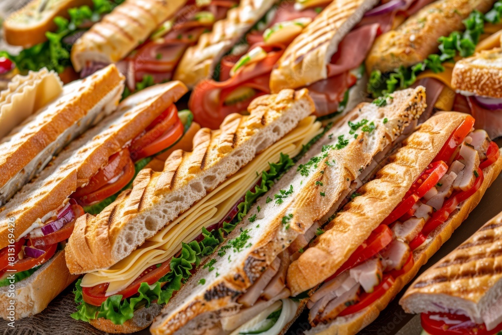 Aufkleber A beautiful array of sandwiches, each with a unique filling, are neatly lined up on a table, ready to be devoured. Generative AI