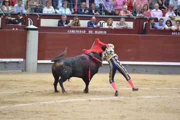 Gordijnen Matador with muleta, estoc and bull in the bullring. Spanish traditions. © iri.madrid.art