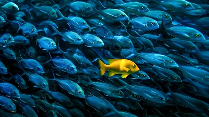 big shoal of blue fish except for one yellow colored among them - concept of being unique and different from the rest
