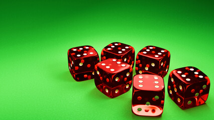 Gambling game banner. Six red dice on the green table. 3d render.