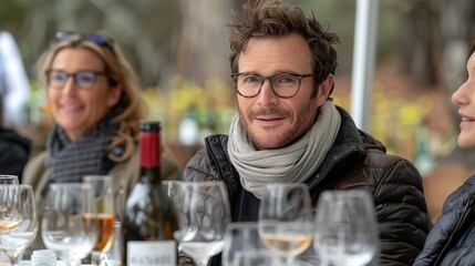 A diverse group of individuals sitting around a table, each holding a wine glass and engaged in conversation