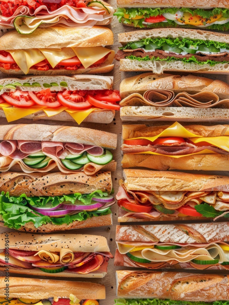 Aufkleber A colorful array of assorted sandwiches lined up in perfect harmony on a counter. Generative AI