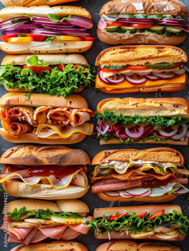 Poster a variety of delicious sandwiches lined up in a row, showcasing different fillings and toppings. gen