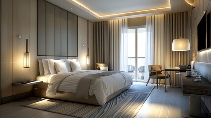 Step Into The Modern Luxury Of A 3D-Rendered Hotel Bedroom, Featuring Sleek Design And Inviting Ambiance