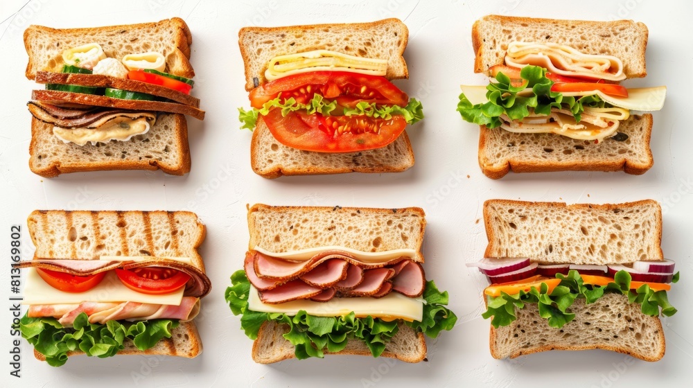 Poster an assortment of tempting sandwiches featuring a variety of fillings elegantly arranged on a pristin